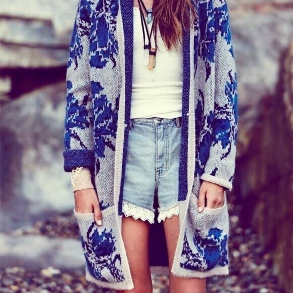 Free People Flower Power Cardigan Size Small Blue
